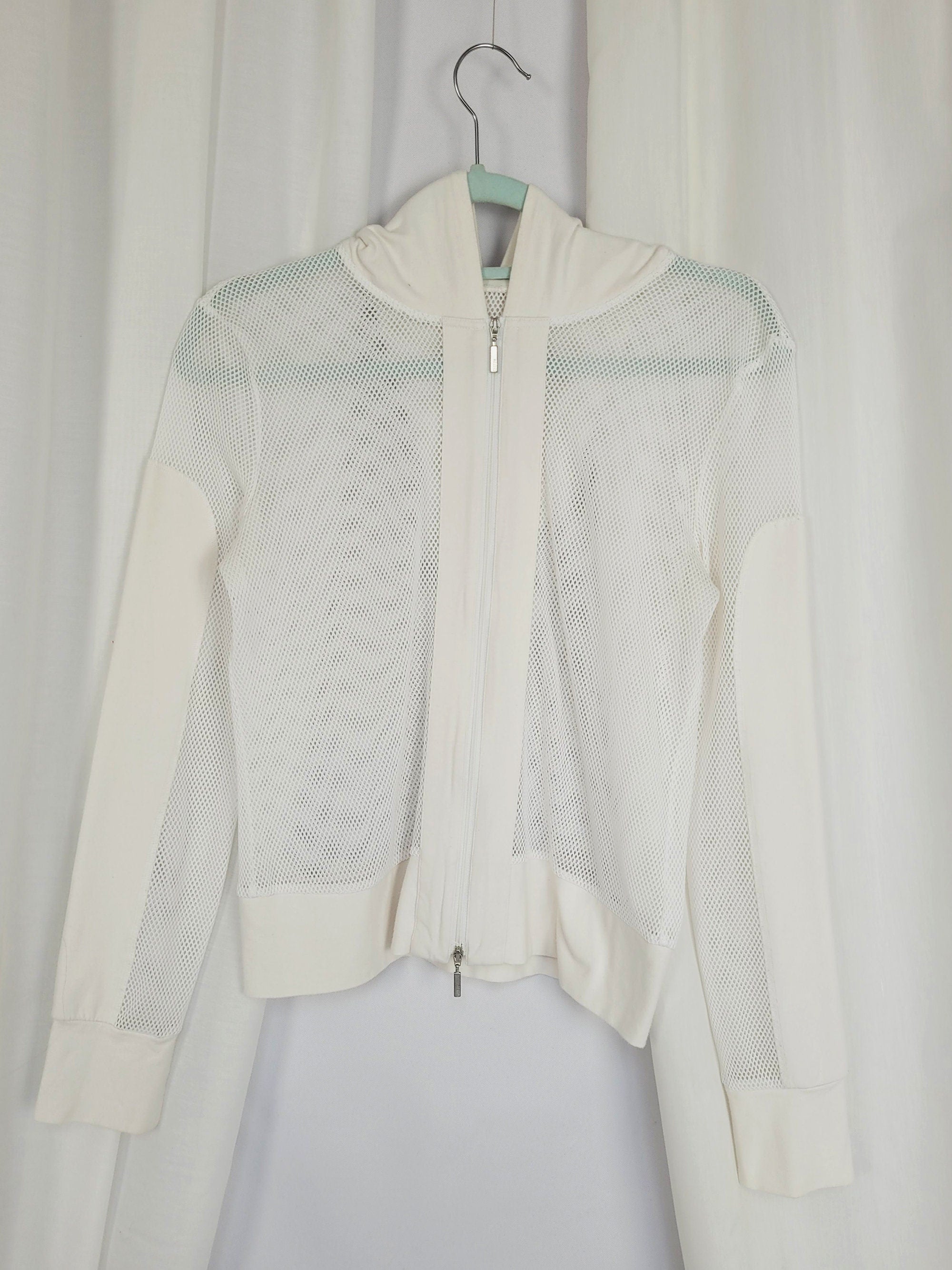 90s vintage white fishnet sheer zipped hooded jacket