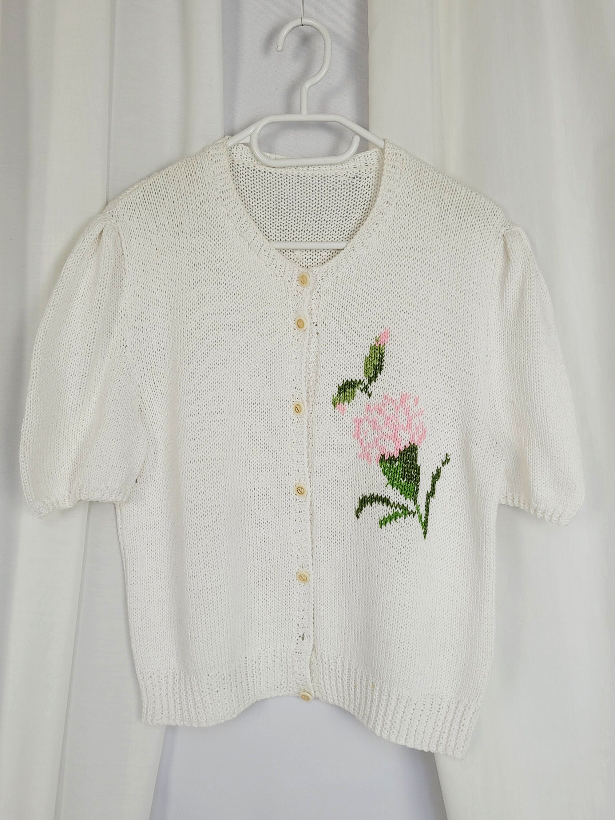 80s minimalist handmade flower cable knit white blouse top