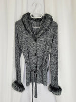 Load image into Gallery viewer, Vintage 90s grey jazzy faux fur trim long belted cardigan
