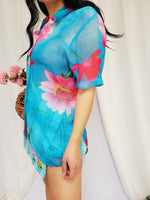 Load image into Gallery viewer, Vintage 90s retro see through colorful blue floral blouse
