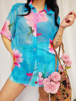 Load image into Gallery viewer, Vintage 90s retro see through colorful blue floral blouse
