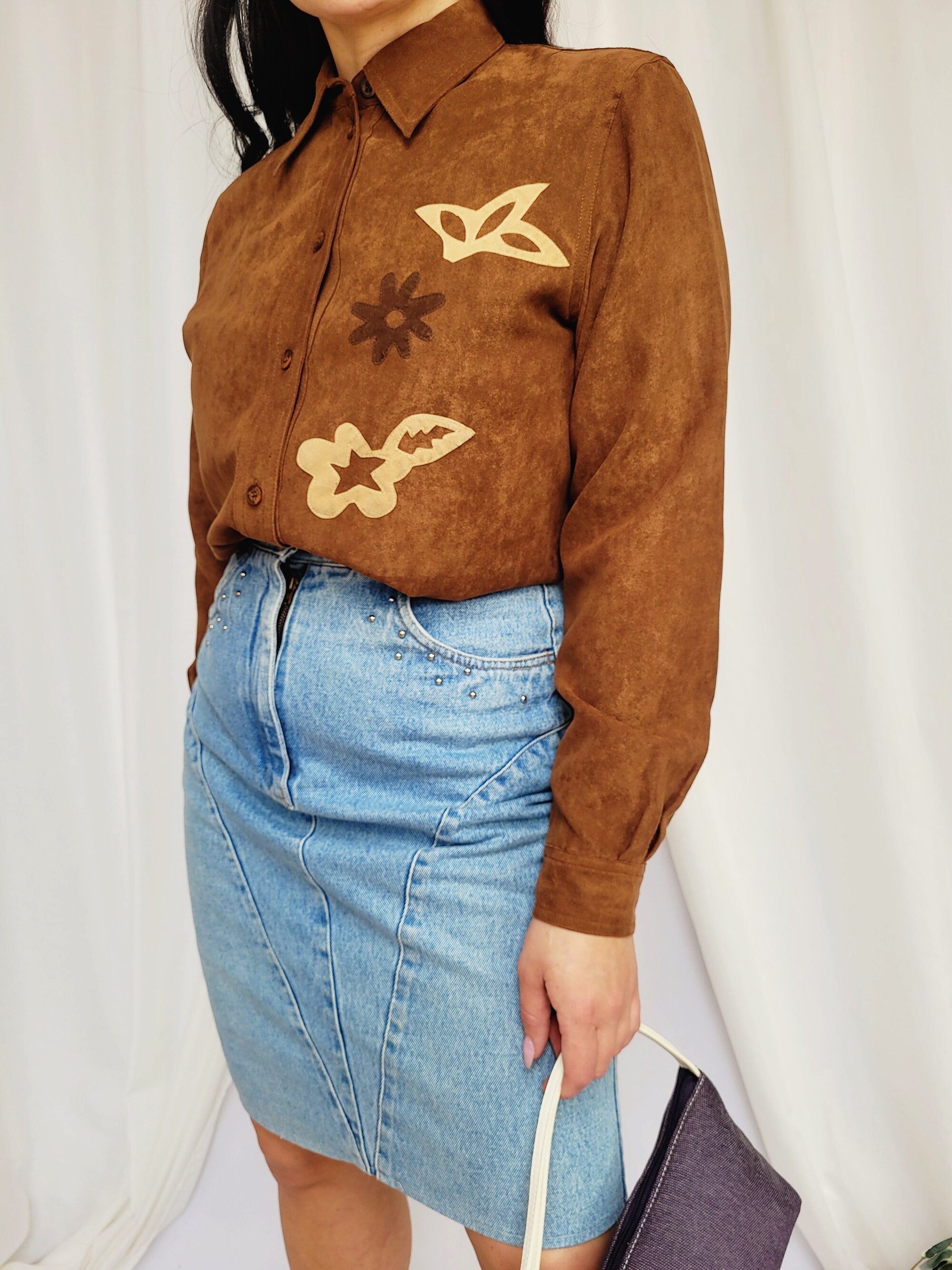 90s retro brown appliqued faux suede minimalist blouse shirt