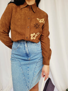 90s retro brown appliqued faux suede minimalist blouse shirt