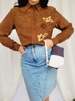 Load image into Gallery viewer, 90s retro brown appliqued faux suede minimalist blouse shirt
