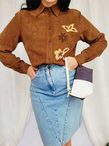 90s retro brown appliqued faux suede minimalist blouse shirt