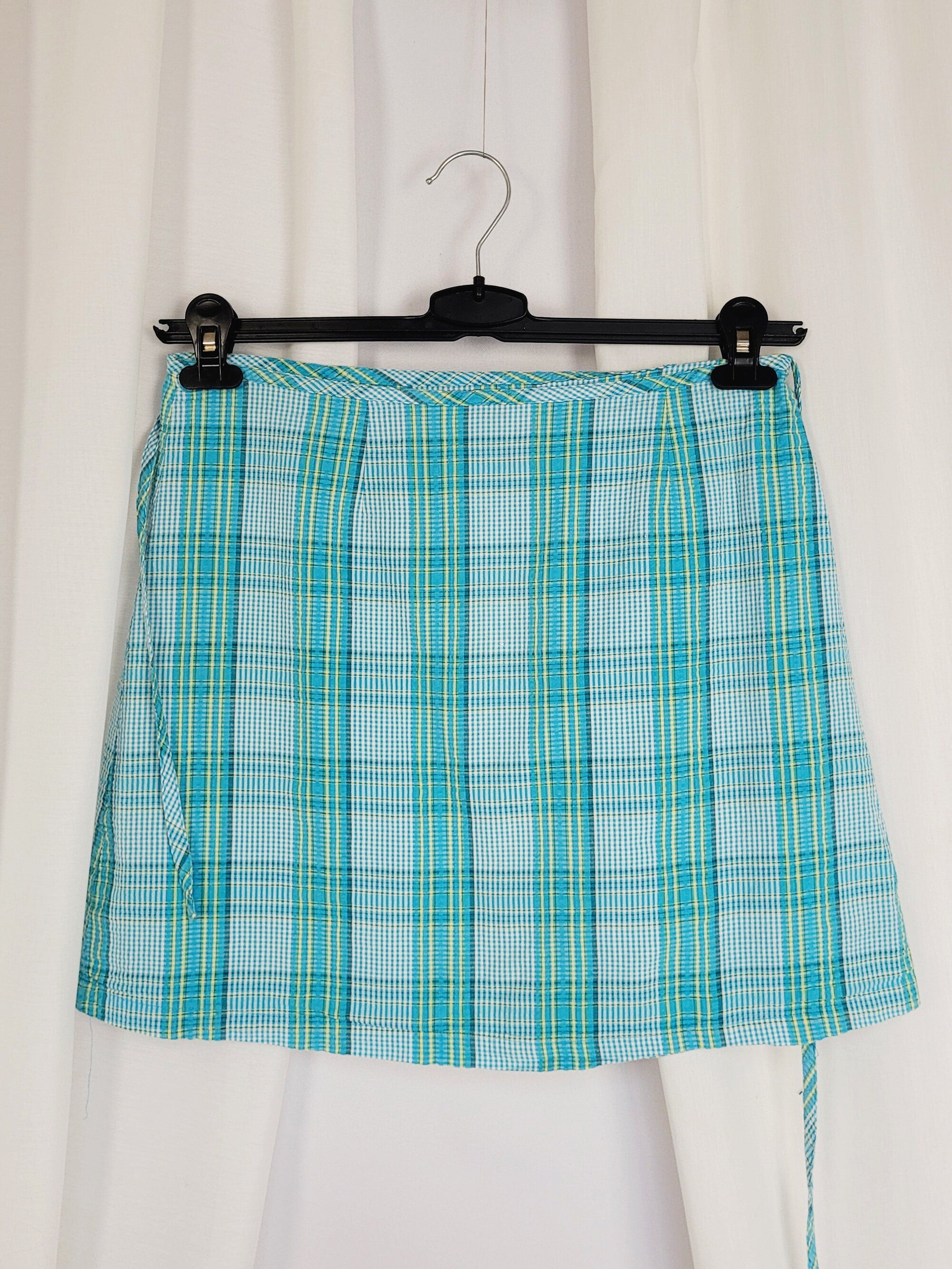 90s blue tartan plaid minimalist wrap summer mini skirt