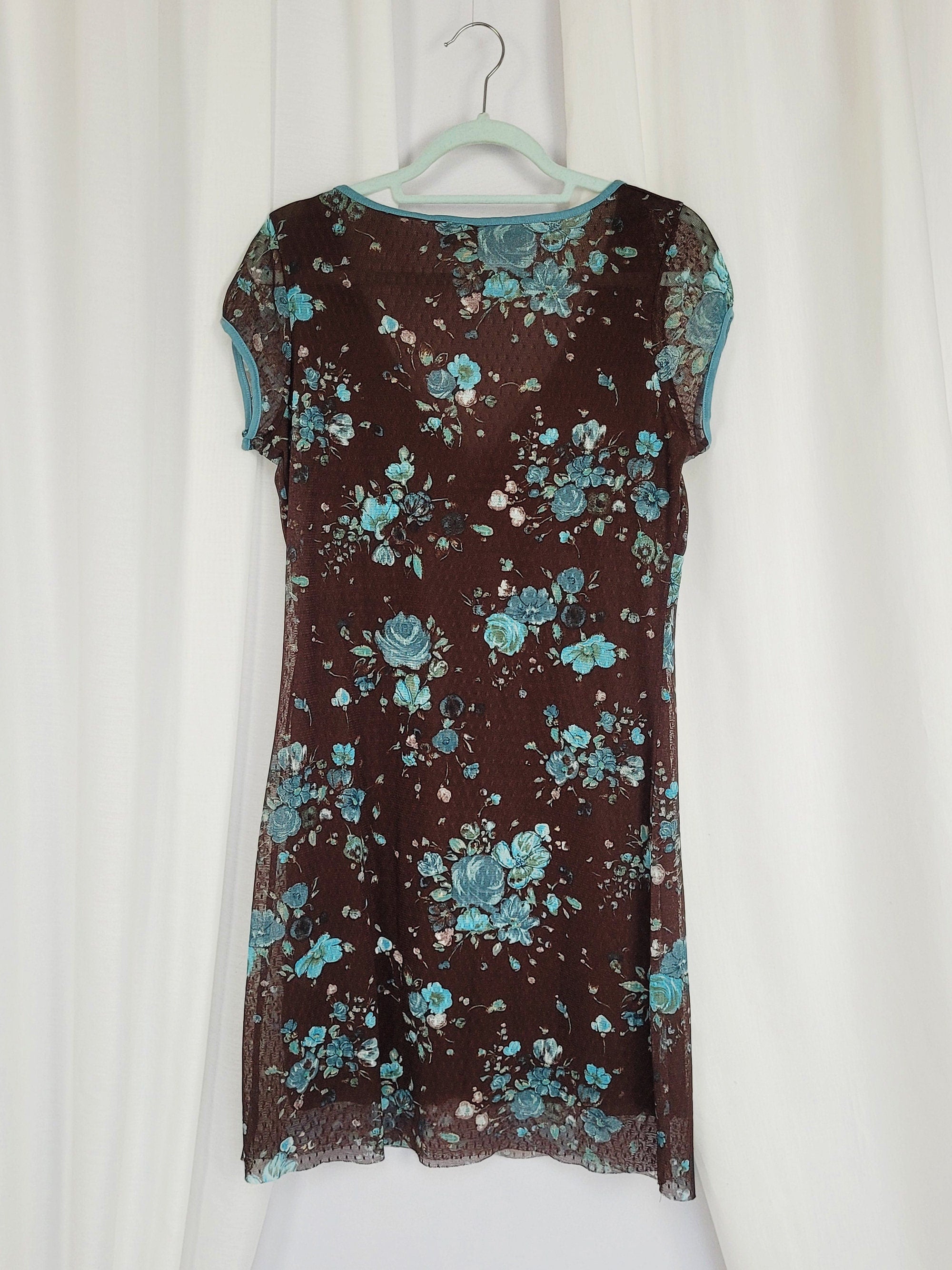 90s retro brown floral mesh minimalist summer mini dress