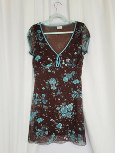 90s retro brown floral mesh minimalist summer mini dress