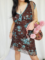 Load image into Gallery viewer, 90s retro brown floral mesh minimalist summer mini dress
