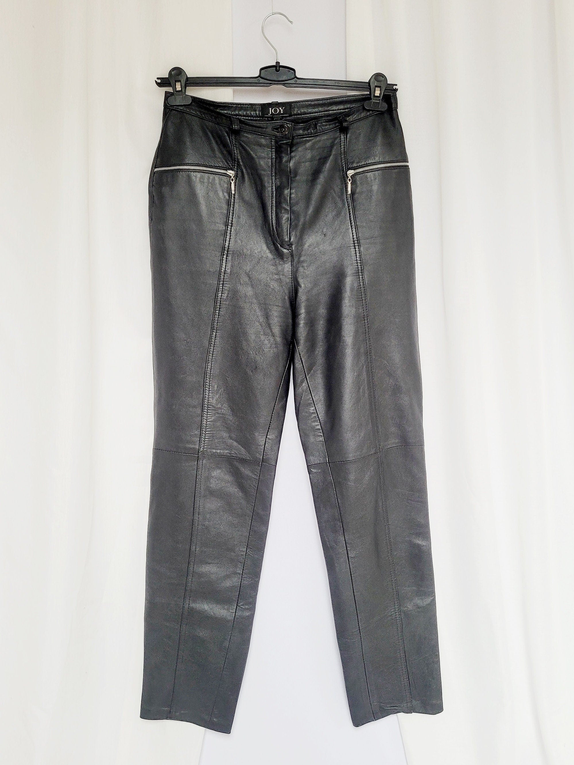 90s retro real leather black minimalist trouser pants