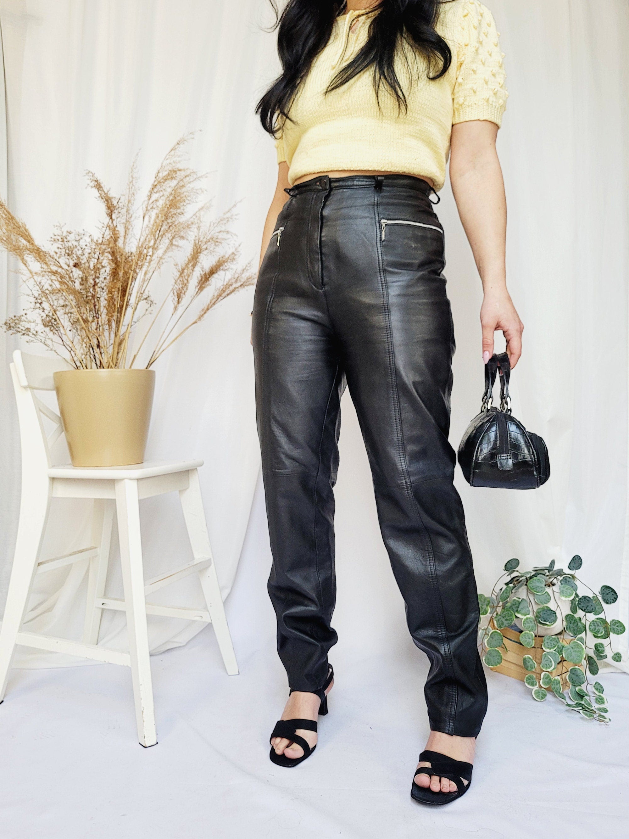 90s retro real leather black minimalist trouser pants