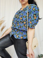 Load image into Gallery viewer, 90s vintage colorful floral puff sleeve peplum blouse
