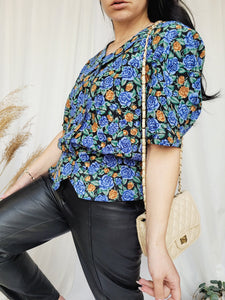 90s vintage colorful floral puff sleeve peplum blouse