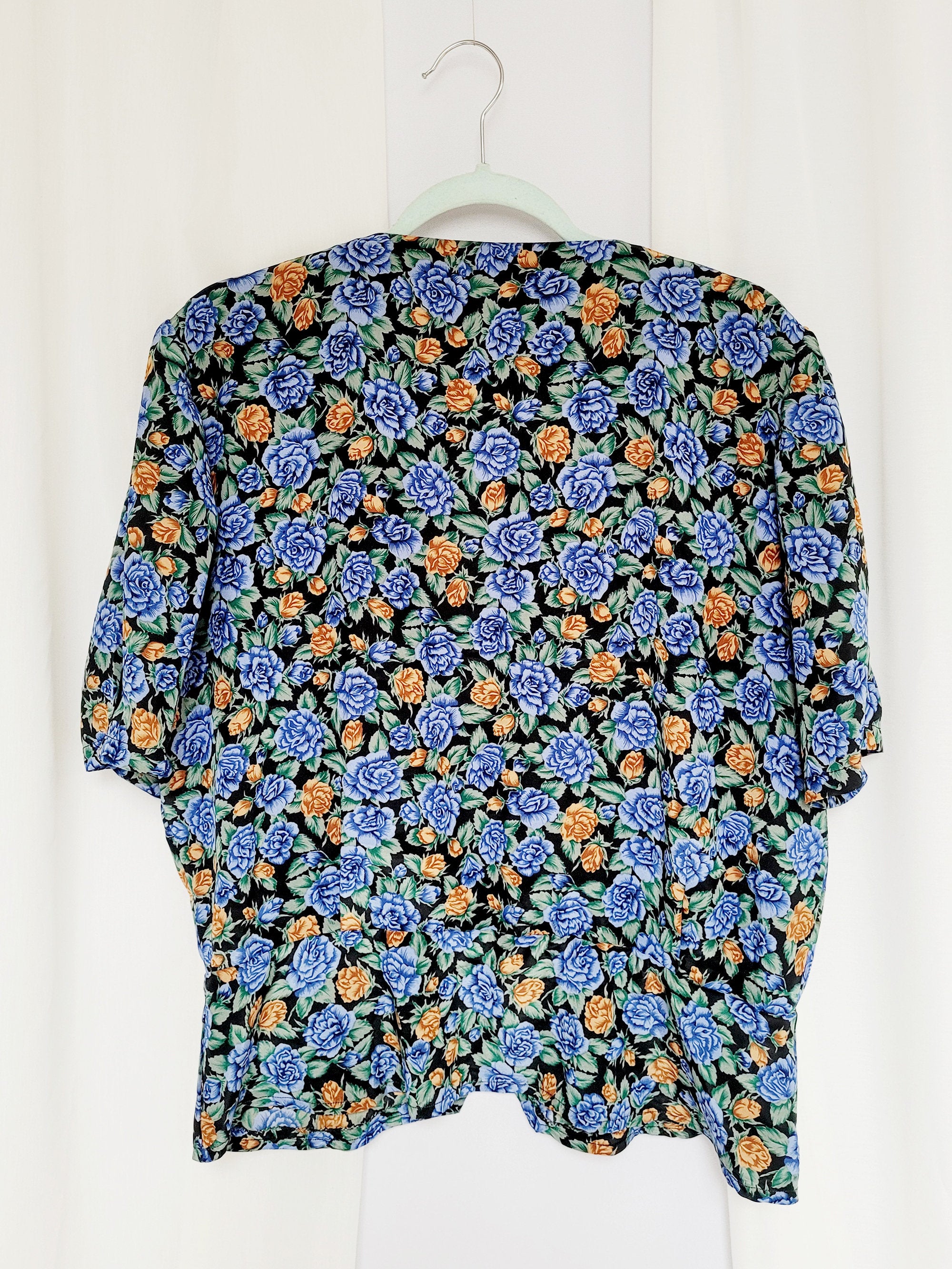 90s vintage colorful floral puff sleeve peplum blouse
