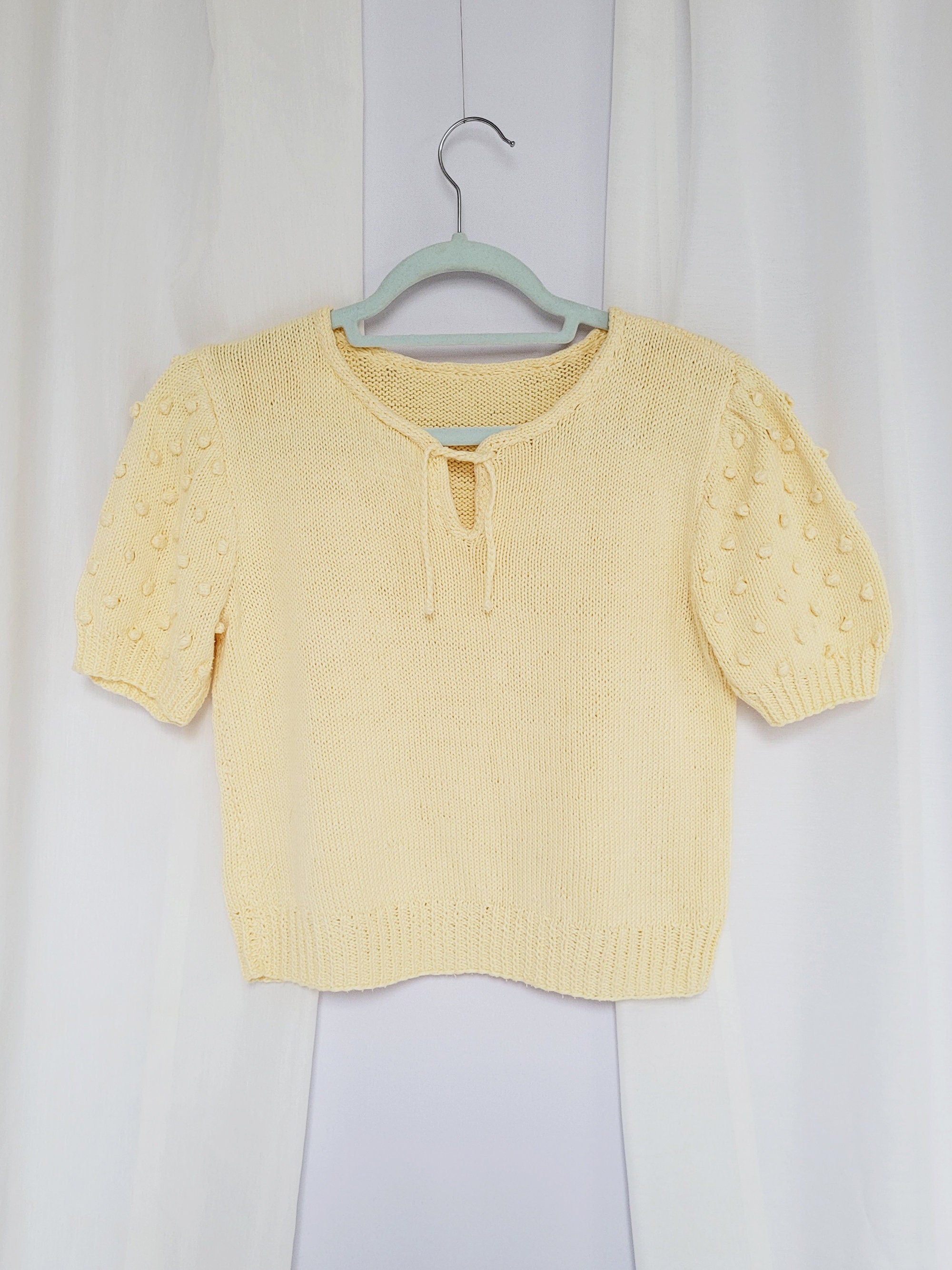 90s minimalist handmade cable knitted pastel yellow top