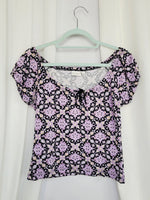 Load image into Gallery viewer, Y2K purple ornamented print off shoulder short sleeve top

