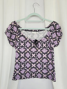 Y2K purple ornamented print off shoulder short sleeve top