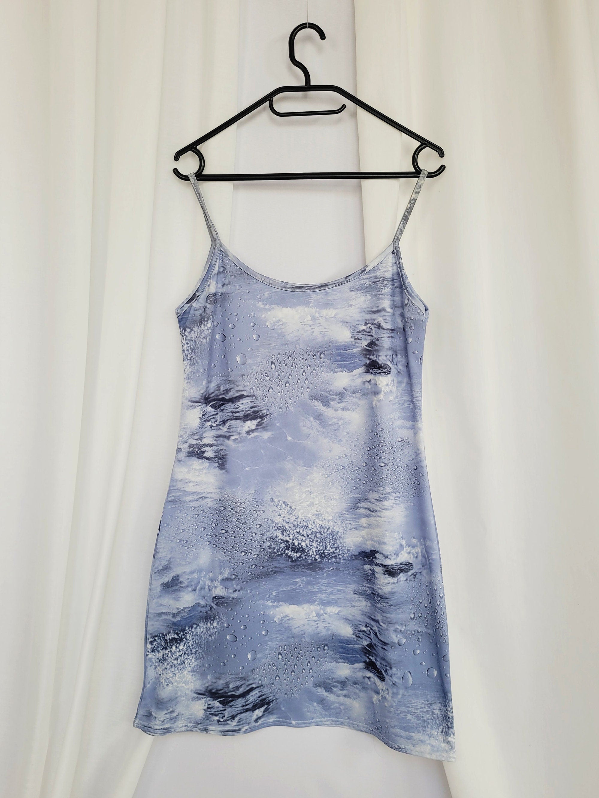 Y2K 00s retro blue water print minimalist mini slip dress