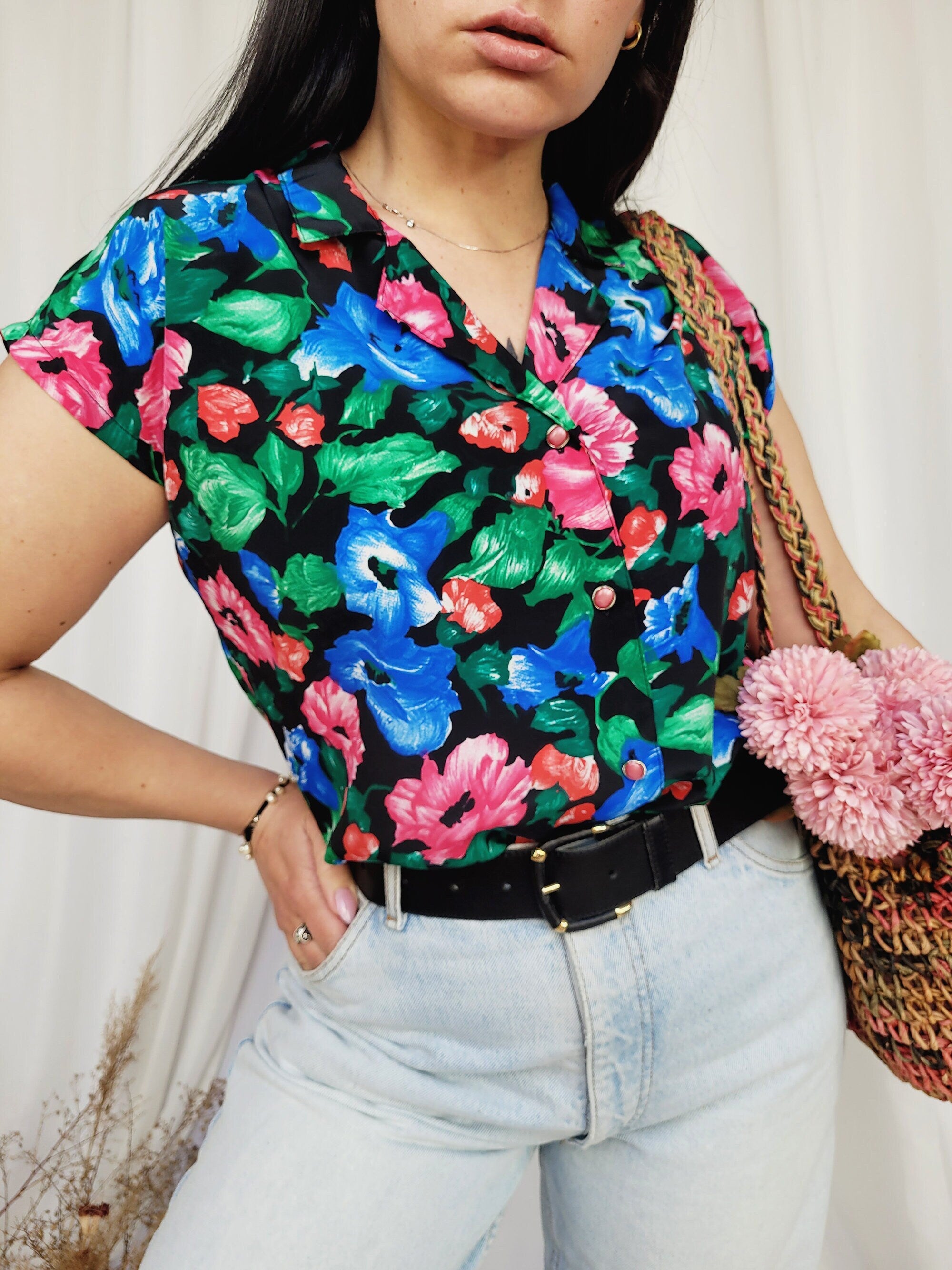 90s vintage colorful floral sleeveless buttons down blouse