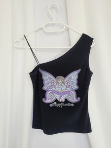 Vintage 90s black fairy print minimalist lycra tank top