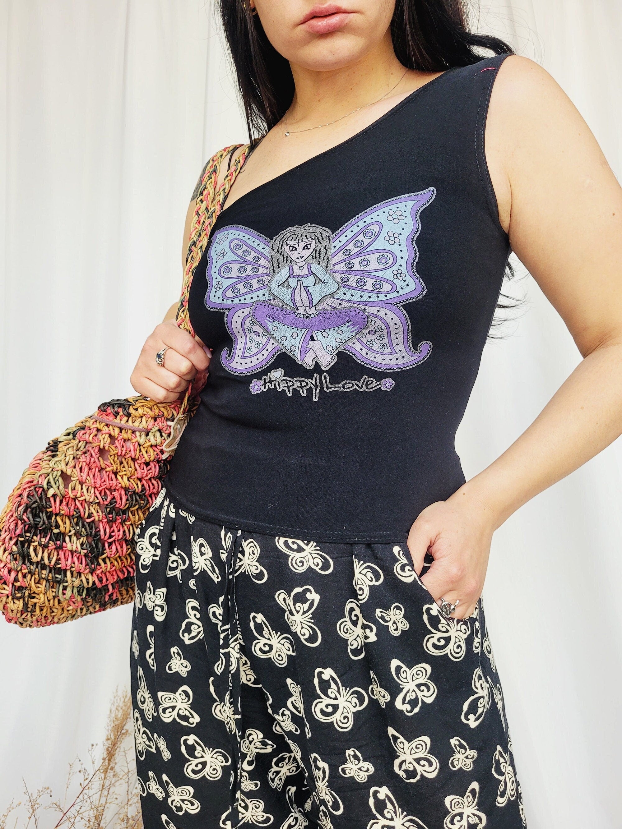 Vintage 90s black fairy print minimalist lycra tank top