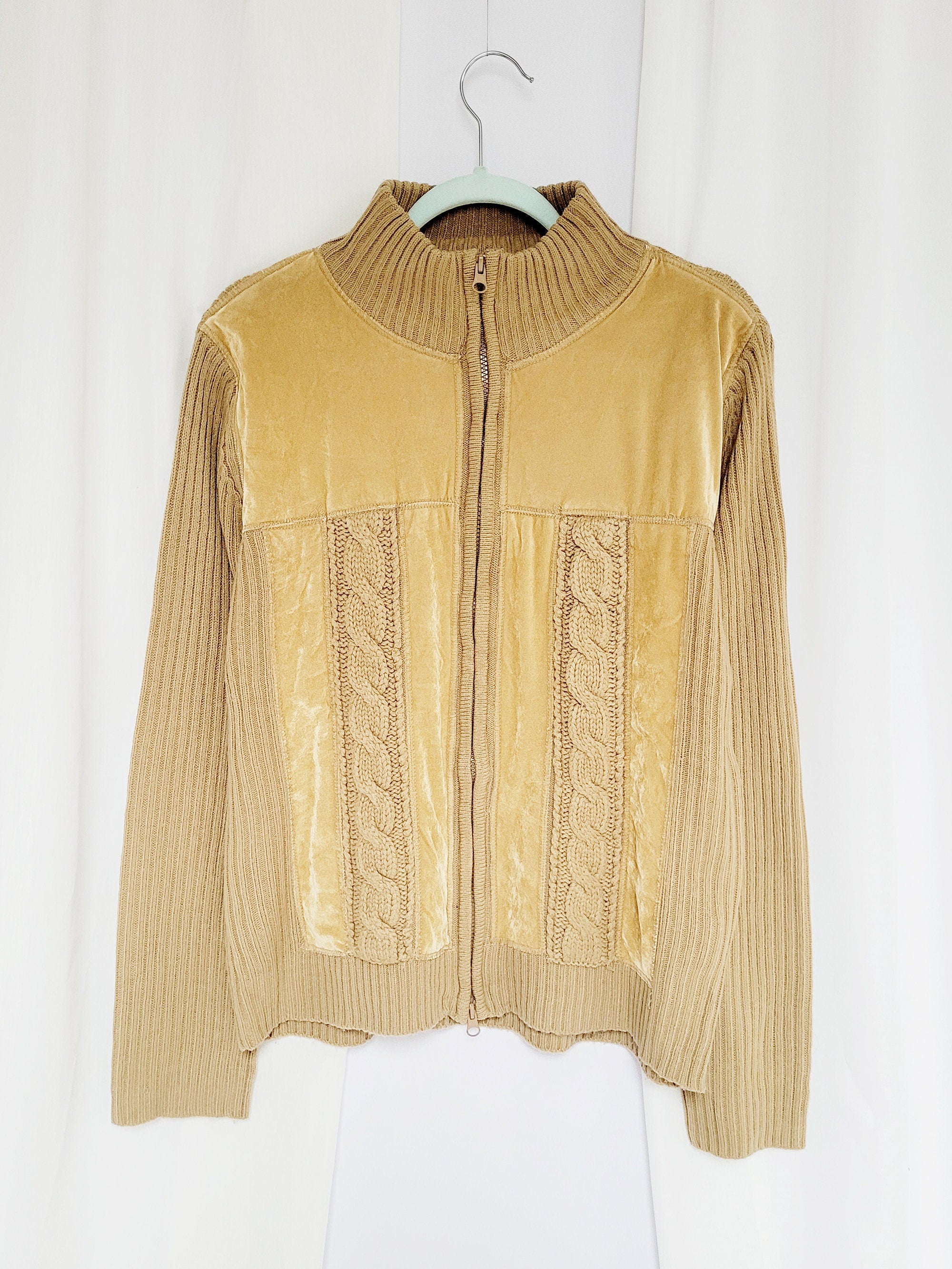 90s brown knit velveteen combo minimalist zip cardigan