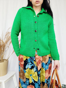 80s handmade green minimalist cable knit button cardigan
