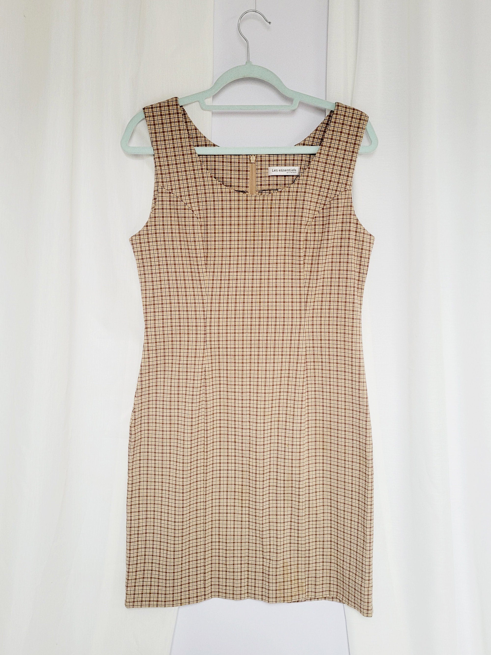 Y2K beige brown checked uniform minimalist mini dress