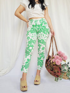 Y2K 00s white green floral medium waist chino pants