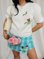 Load image into Gallery viewer, 80s minimalist handmade flower cable knit white blouse top
