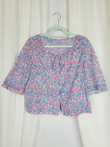 70s vintage handmade pastel floral ruffle blouse top