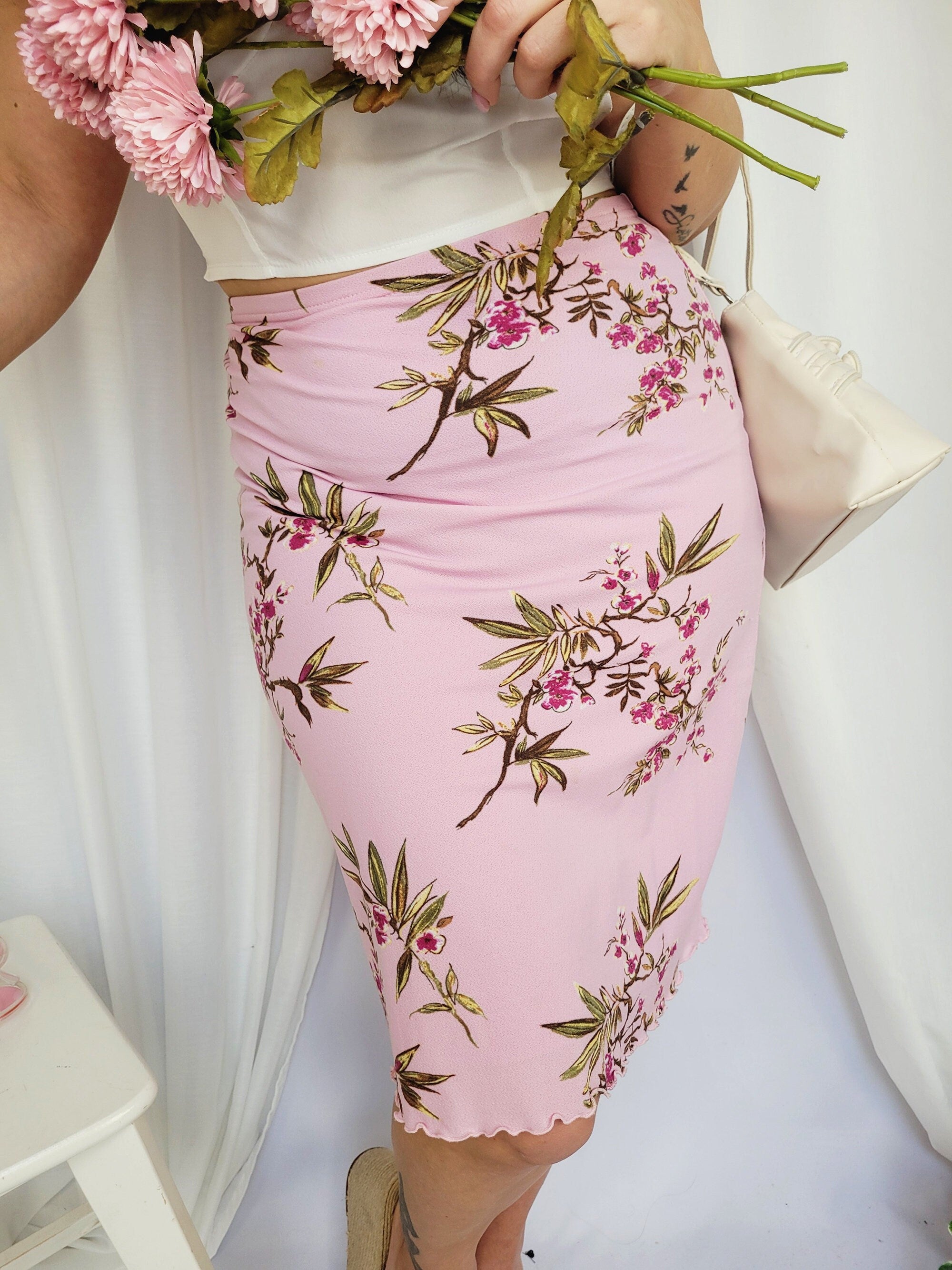 90s retro pink floral print midi summer minimalist skirt