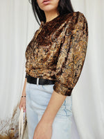 Load image into Gallery viewer, 80s vintage brown abstract velveteen puff sleeve blouse top

