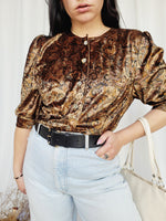Load image into Gallery viewer, 80s vintage brown abstract velveteen puff sleeve blouse top
