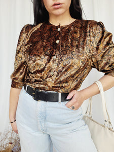 80s vintage brown abstract velveteen puff sleeve blouse top