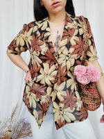 Load image into Gallery viewer, 90s retro sheer brown floral short sleeve long blouse top
