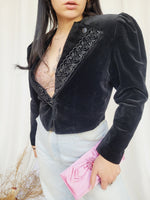 Load image into Gallery viewer, 90s retro black velveteen embroidered collar blazer jacket
