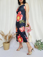 Load image into Gallery viewer, Retro 90s long black floral minimalist slip maxi dress
