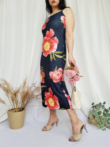 Retro 90s long black floral minimalist slip maxi dress