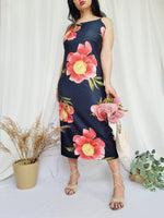 Load image into Gallery viewer, Retro 90s long black floral minimalist slip maxi dress
