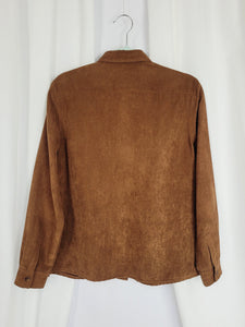 90s retro brown appliqued faux suede minimalist blouse shirt