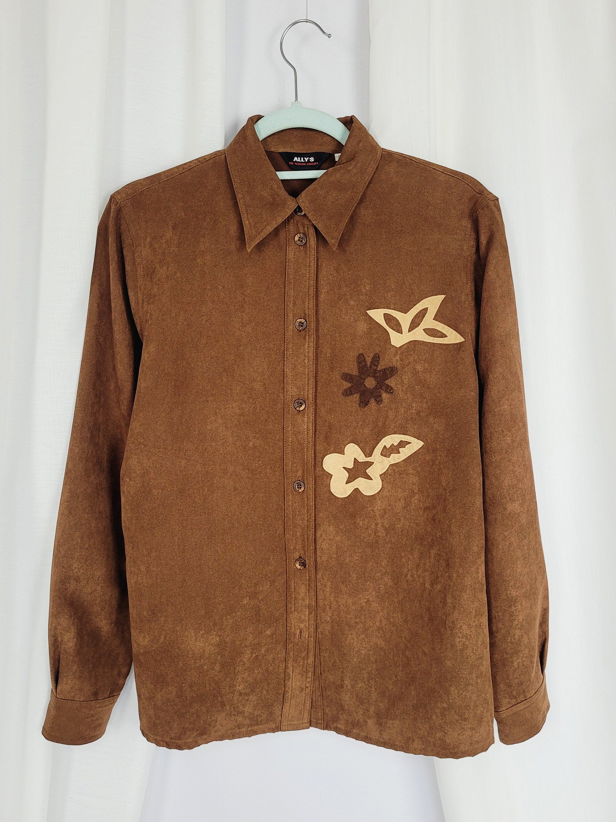 90s retro brown appliqued faux suede minimalist blouse shirt