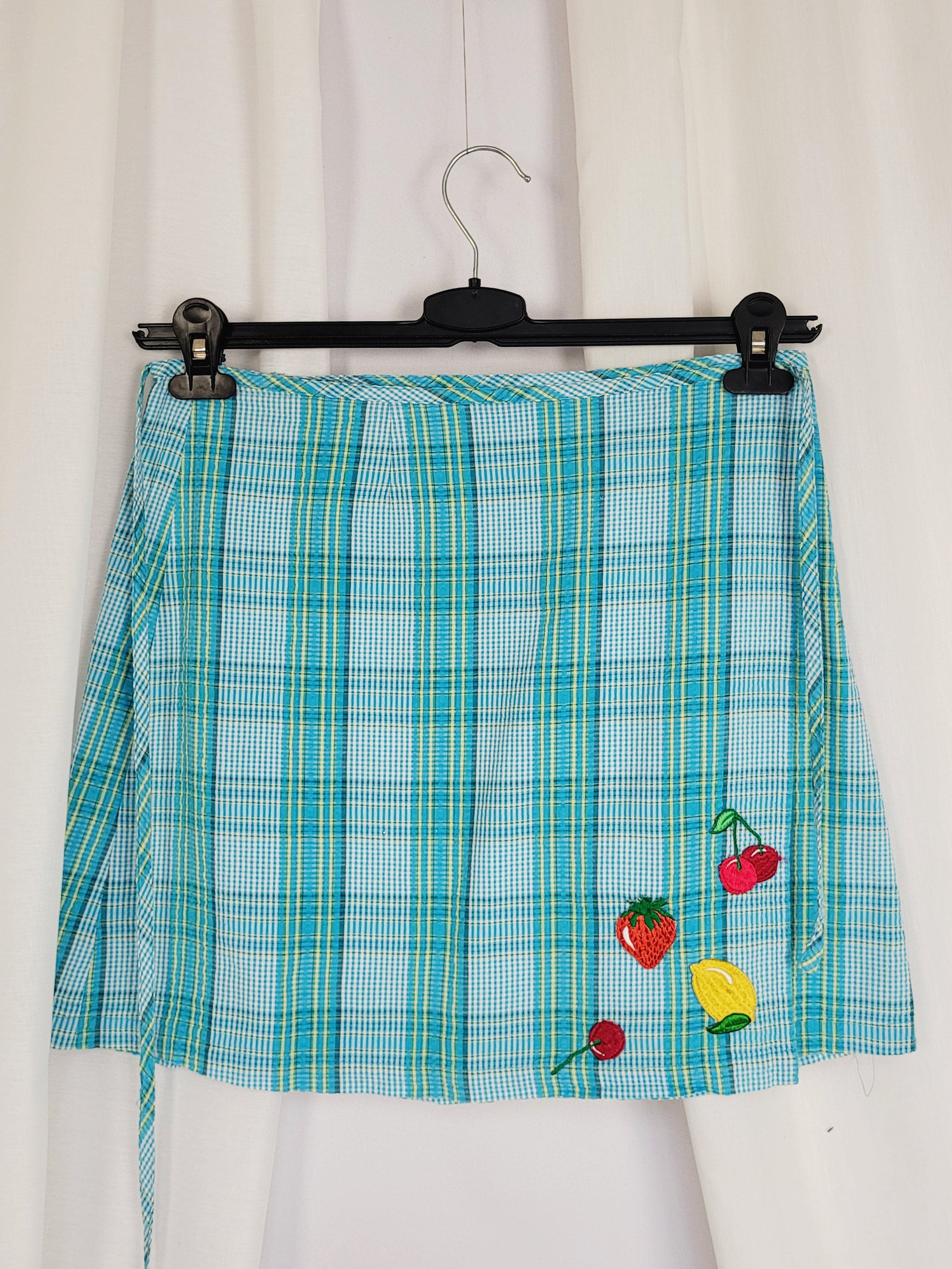 90s blue tartan plaid minimalist wrap summer mini skirt