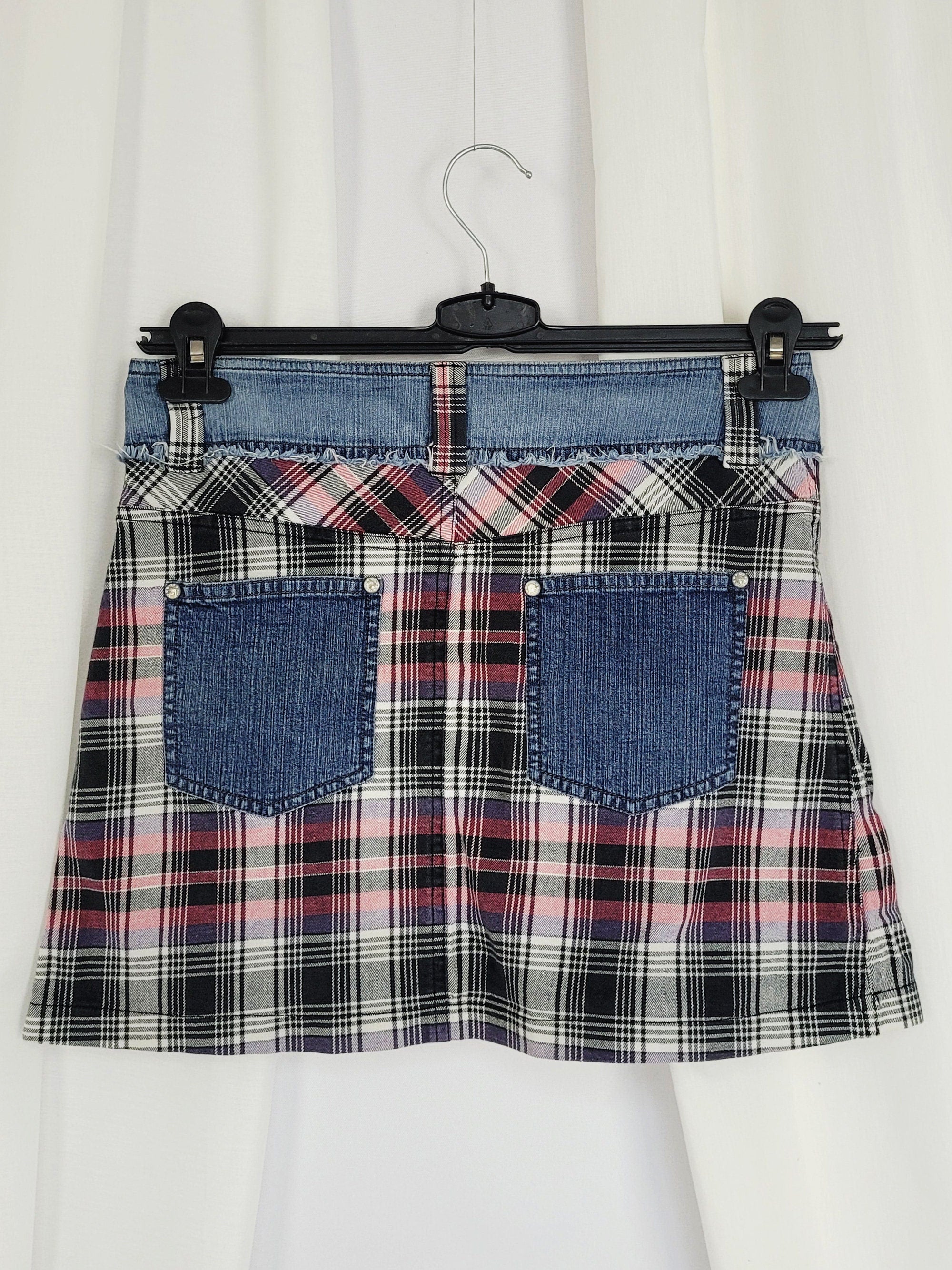 Vintage 90s checked denim pleated grunge mini skirt