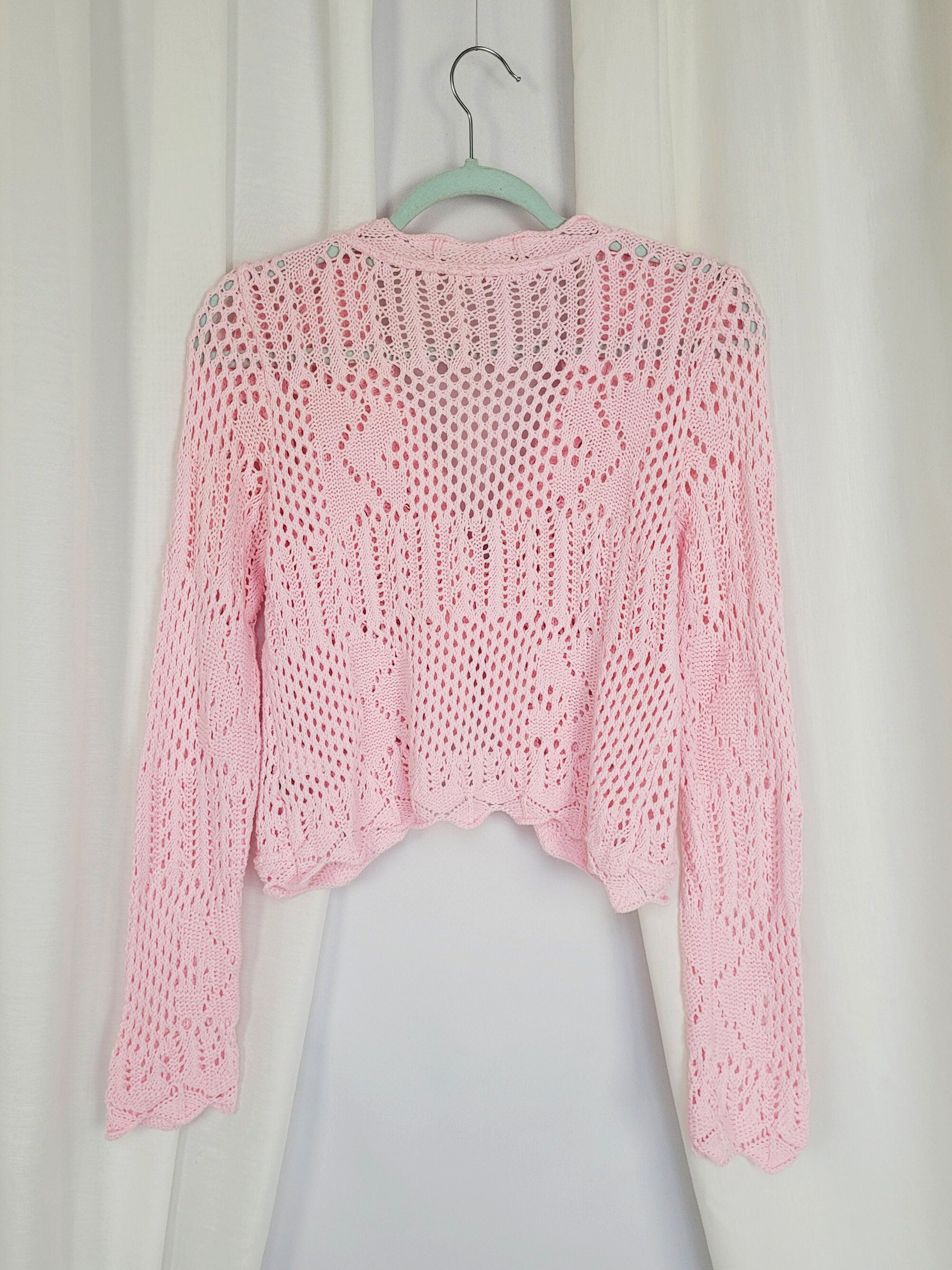 90s retro cable knit see through pink one button cardigan
