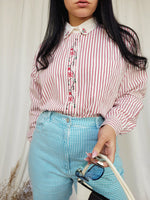 Load image into Gallery viewer, 90s retro red striped embroidered minimalist cotton blouse
