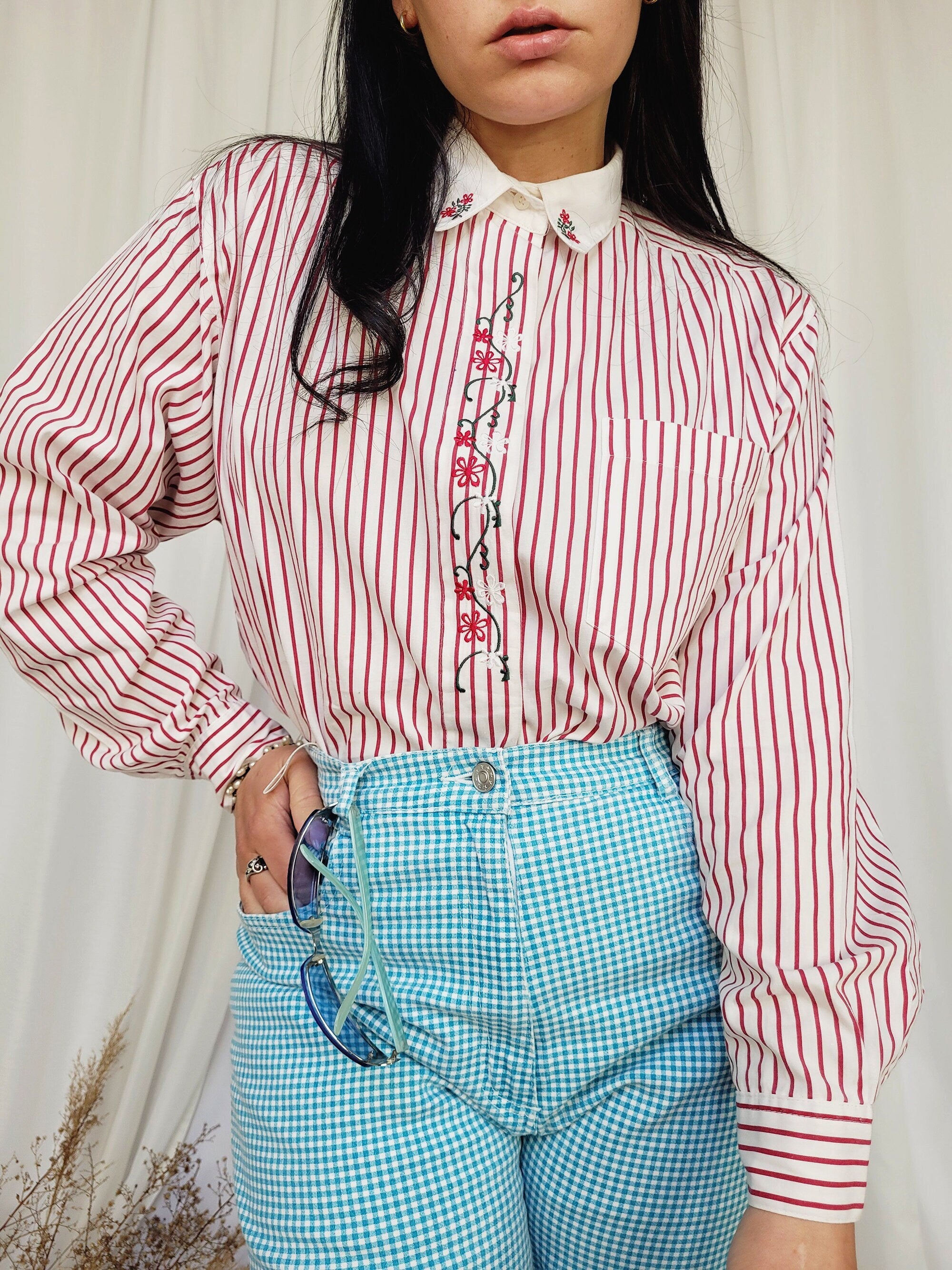 90s retro red striped embroidered minimalist cotton blouse