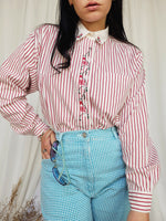 Load image into Gallery viewer, 90s retro red striped embroidered minimalist cotton blouse
