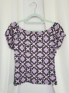 Y2K purple ornamented print off shoulder short sleeve top