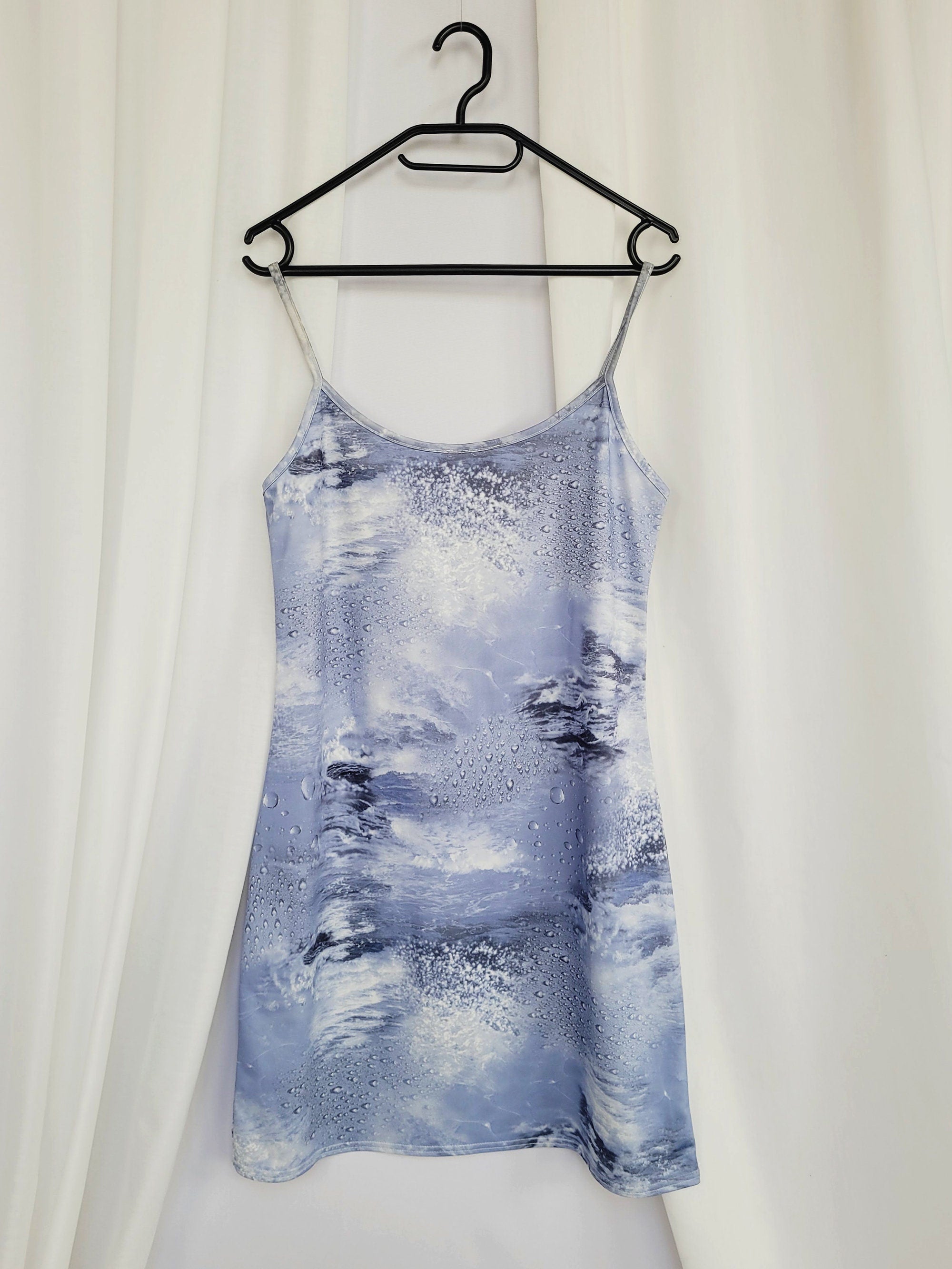 Y2K 00s retro blue water print minimalist mini slip dress